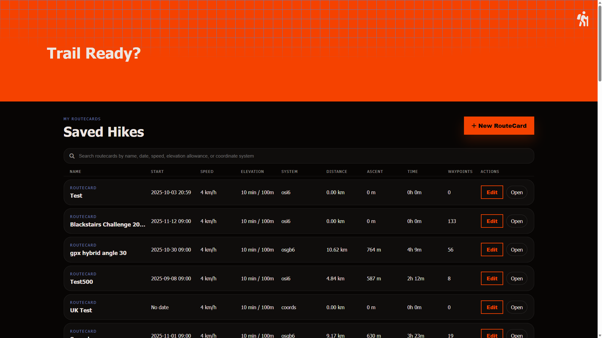 routecard.org index page